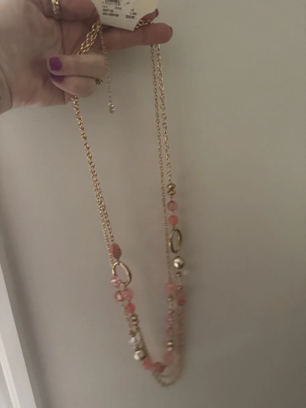 Gold Layered Necklace with Pink Beads - Women Jewelry